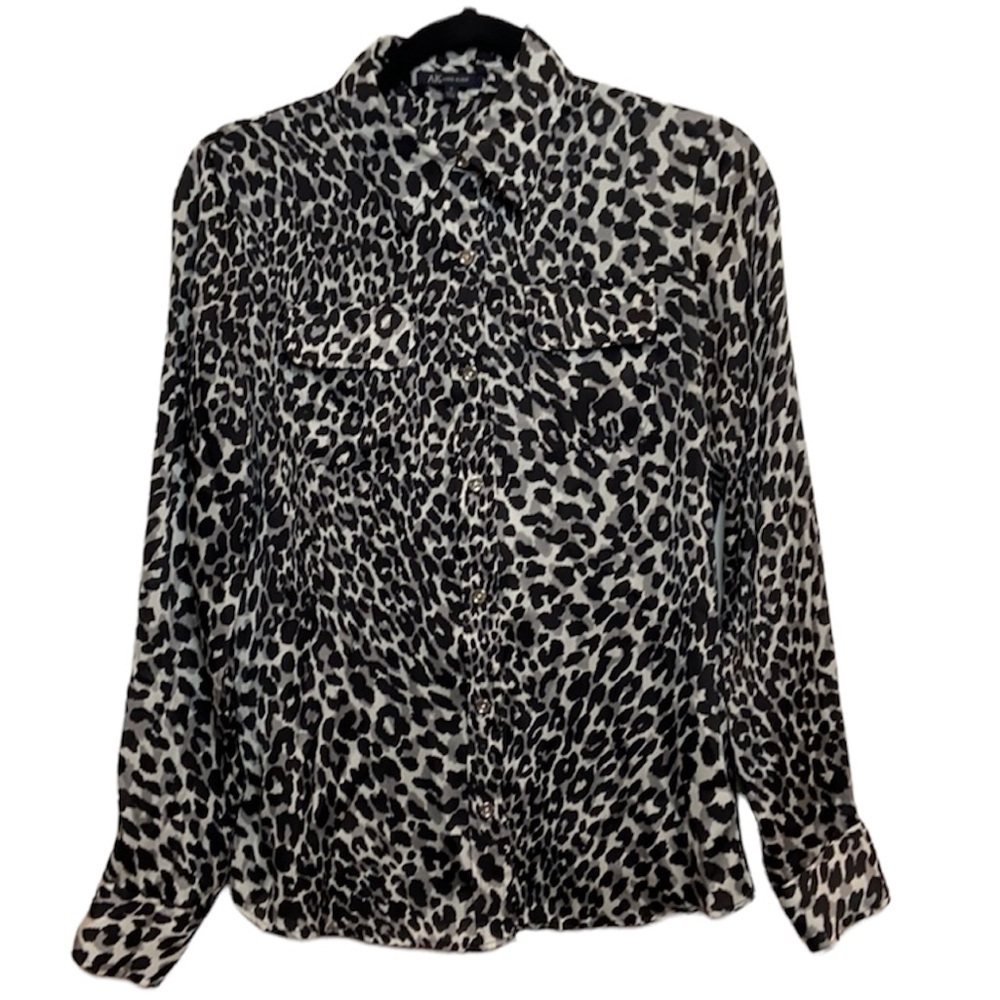 Anne Klein black leopard print long sleeve blouse size Small